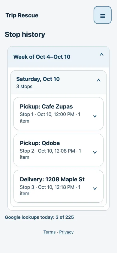 Trip Rescue stop history with Cafe Zupas and Qdoba pickups followed by a separate delivery address