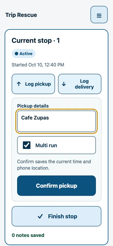 Trip Rescue pickup form with Cafe Zupas entered