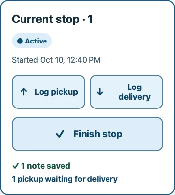 Trip Rescue active stop showing one note saved